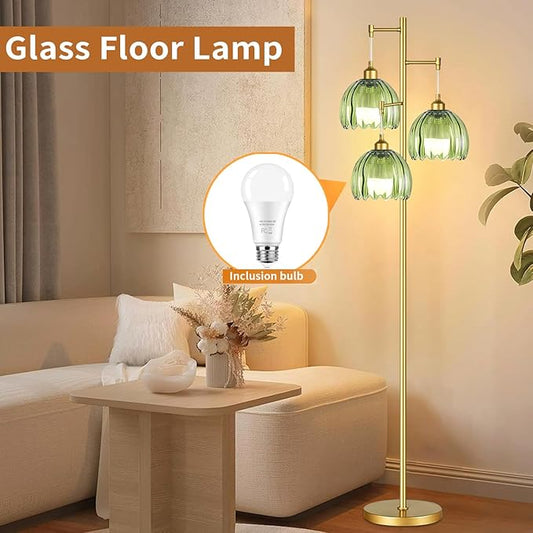 AHDWDW Gold Floor Lamp for Living Room Bedroom,Modern Tree Floor Lamps with Green Glass Shades,68IN Tall Standing Lamp with Bulbs,3 Lights Mid Century Vintage Floor Lamp for Corner Office Reading