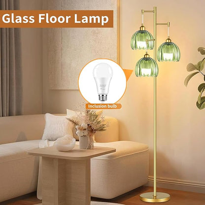 ZECOXOL Gold Floor Lamps for Living Room Bedroom-3 Light Glass Floor Lamp with Three Led Bulb, Rustic Tall Floor Lamp Gold Standing Lamp Tree Floor Lamps for Living Room Bedroom,Office,Corner