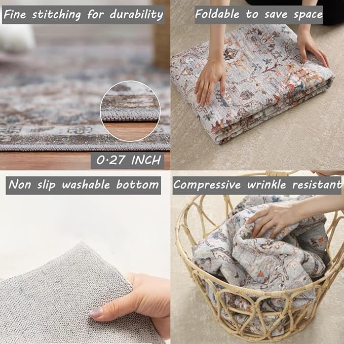 CHAMPLANT Area Rug 6x9 Washable Rug Gray Vintage Traditional Floor Cover Thin Rug Retro Kitchen Indoor Distressed Non Slip Carpet Floral Print Mat Living Room Bedroom Dining Room