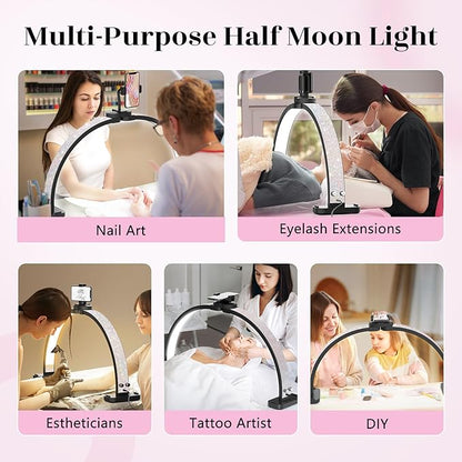 Half Moon Manicure Table Light: 31-inch Half Moon Light For Nail Desk With Phone Holder - AB Crystal Nail Tech Lamp For Beginner DIY - 48W Professional Nails Bright Desk Lamp for Salon,Lash,Tattoo