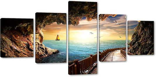 Landscape Sunset Seagulls Stone Scene Picture Modern Painting on Canvas 5 Panels Framed Wall Art for Living Room Bedroom Kitchen Home Decor Stretched Gallery Canvas Wrap Giclee Print (50’’W x 24’’H)