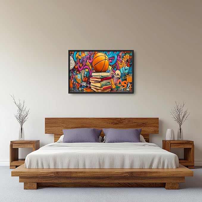 Banksy Basketball Book Large Wall Art for Living Room Abstract Graffiti Sports Framed Canvas Decor Street Prints Painting Pictures Extra Large Artwork for Gym Bedroom Home Office Classroom 24"x36"