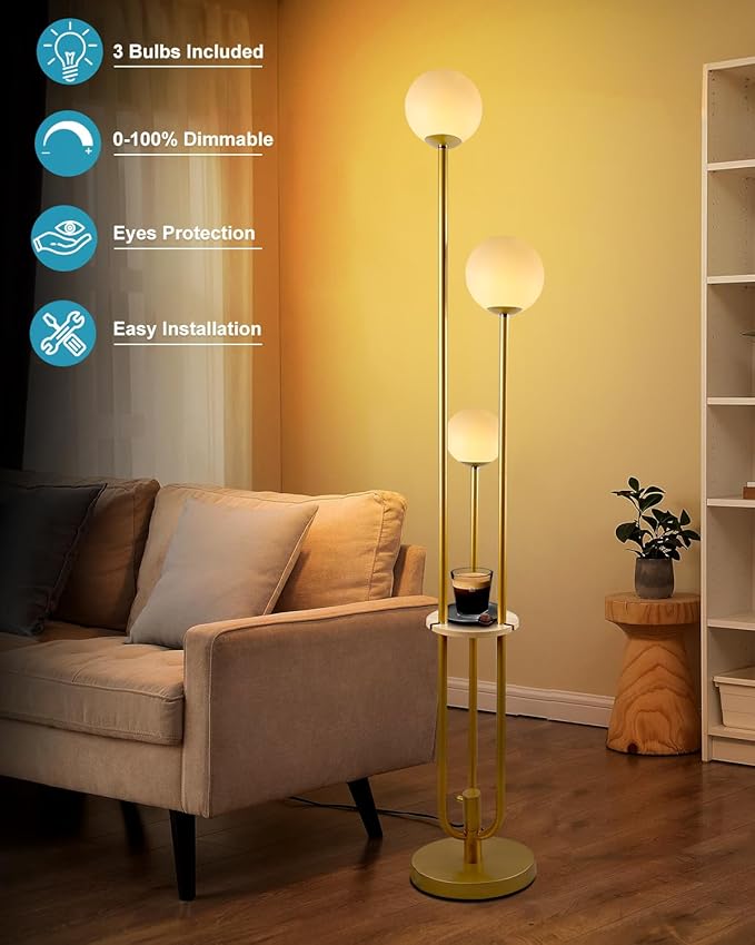 Lightdot 63IN Dimmable Gold Floor Lamp with Shelf Mid Century Standing Lamps with 3000K Bulbs Included Modern Globe Floor Lamp with 5Lbs Heavy Base for Living Room/Party/Sofa Beside/Corner Decor