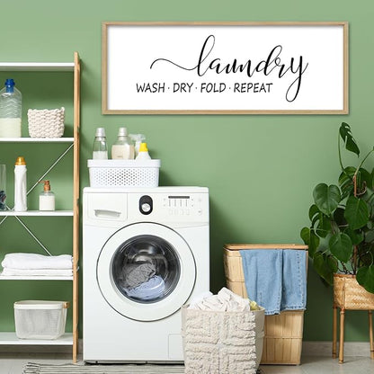 Laundry Room Wall Decor Sign 32"×12" Bathroom Laundry Rules Wash Dry Fold Repeat Large Wood Framed Wall Hanging Art (Wood)