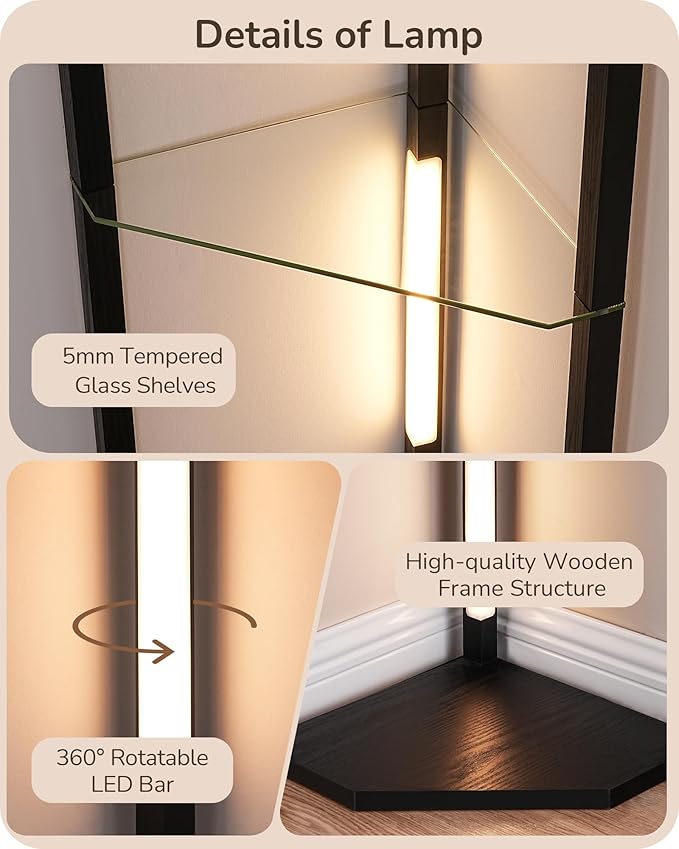 EDISHINE Floor Lamp with Shelves, 5-Tier Glass Display Shelf with Remote/Foot Control, 5CCT & Dimmable Corner Shelf Lamp, Open Display Cabinet, Floor Lamps for Living Room, Bedroom, Black