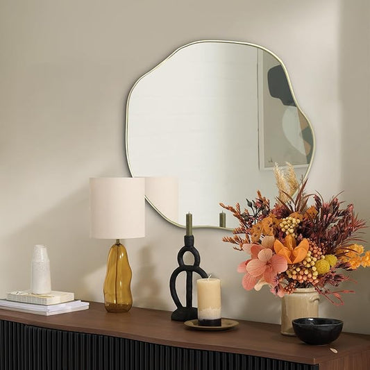 POZINO Gold Irregular Mirror, 20" Asymmetrical Wall Mirror, Scalloped Rounded Mirrors, Modern Frameless Abstract Mirrors for Living Room Bedroom Bathroom Entryway Hallway Fireplace