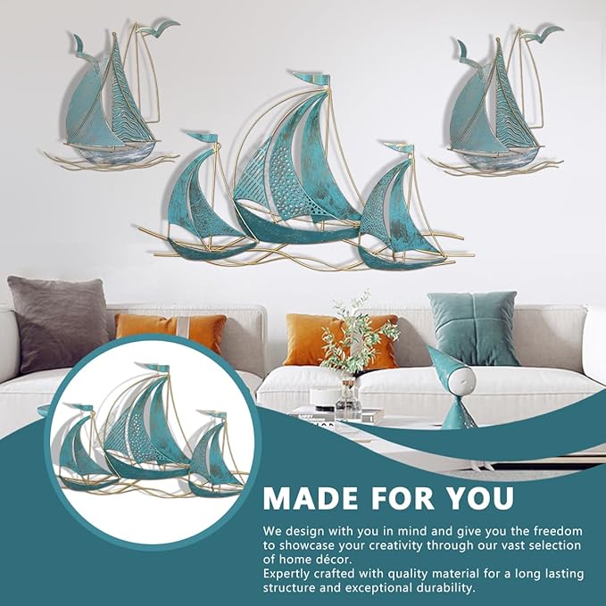 Set of three sailboats Metal Wall Art Large Metal Sailboat Wall Decor, Metal Ship Wall Decorations, Large Metal Ship Wall Decor for Living Room, Bedroom, Modern Home Wall Sculpture for Office, Bedroom