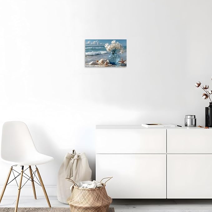 TutuBeer Beach Bathroom Canvas Wall Art Starfish with White Flower Coastal Pictures Wall Art Canvas Seascape Poster Seaside Seashell Painting Print Artwork for Living Room Bedroom 24"x36"x1 Panel