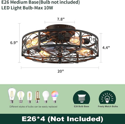 20'' Caged Ceiling Fan with Lights and Remote Control,Small Farmhouse Bladeless Low Profile Ceiling Fans Lights,Industrial Flush Mount Low Profile,Reversible Motor 6 Speeds for Bedroom,Living Room
