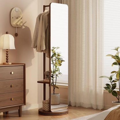 WoodsWhisper Full Length Mirror Coat Rack Solid Wood Floor Mirror 66"x12" Full Length Mirror with Stand Long Mirrors for Bedroom,Living Room (Deep Walnut, 70" L x 16" W)
