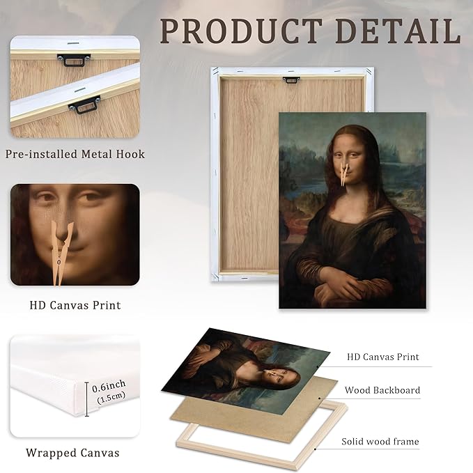 FWAHREN Funny Mona Lisa Bathroom Canvas Wall Art, Framed Vintage Painting Pictures Artwork, Black and White Mona Lisa with Clothespin Nose Poster Wall Decor for Restroom Toilet, Wrapped Canvas 12x16in