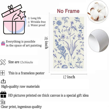 LYPHNX Blue White Chinoiserie Floral Poster Wall Art Navy Watercolor Flower Canva Painting Set of 3 Minimalist Botanical Wildflower Prints Picture Home Decor for Bedroom Living room 12"x16" UnFramed