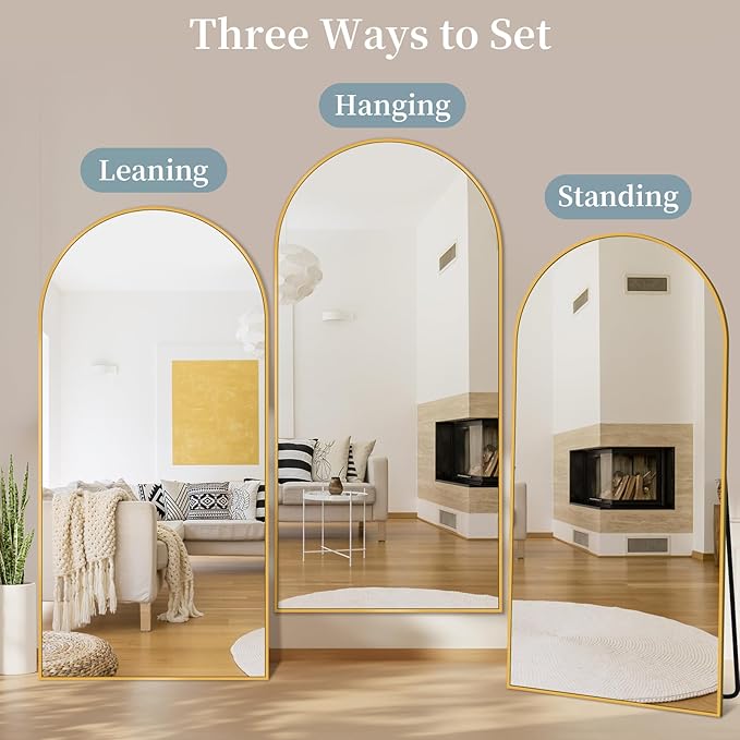 Full Length Mirror with Stand, 81"x41" Arched Full Body Mirror, Large Stand Up Mirrors, Aluminum Frame Floor Standing Mirrors, Freestanding Hanging Leaning Mounted for Bedroom Living Room,Gold