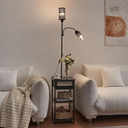 BAMGROW Floor Lamp with End Table, Side Table with Lamp Attached, Bedside Nightstand Light for Small Spaces with Wicker Drawer and Storage Shelf for Living Room, Bedroom, Guest Room, 2 Bulbs Included