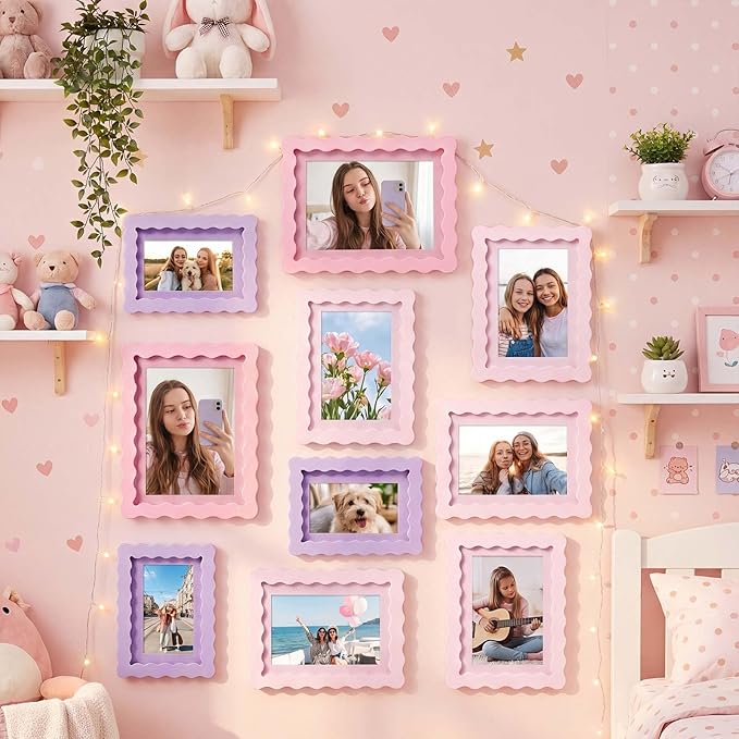 Wonderjune 10 Pack Colorful Scalloped Picture Frames for Girl Room Decor, 3 Sizes 4x6 5x7 6x8, Collage Gallery Wall Frame Set, Cute Curved Picture Frames for Wall or Desktop Display, Photo Walls