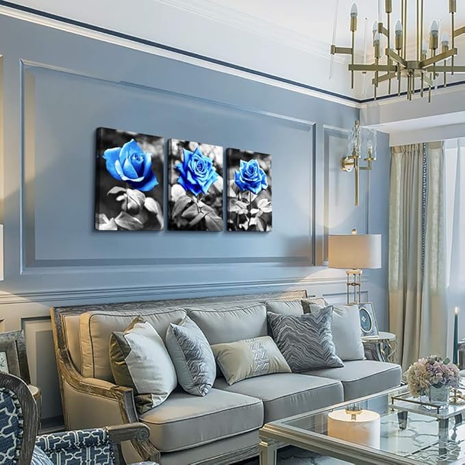 Lapremoly Wall Art For Bedroom Black And White Wall Decor For Living Room Kitchen Family Pictures Artwork Blue Rose Flowers Framed Canvas Paintings Ready To Hang Modern Office Home Decorations