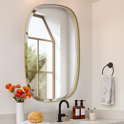 POZINO Brushed Gold Beveled Mirror, 24"x40" Modern Rectangle Mirrors with Stainless Steel Frame, Brass Oblong Vanity Wall Mirror for Bathroom Living Room Entryway, Hangs Vertically or Horizontally