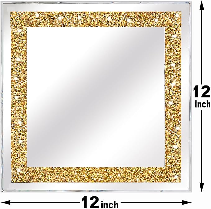 ZOLAPI 2PCS Crystal Rhinestone Diamond Wall Mirror.Brilliant Hand-Spliced Glass Mirror.Gold Accent Decorative Mirror for Hallway/Bathroom/Bedroom（12”x12”）