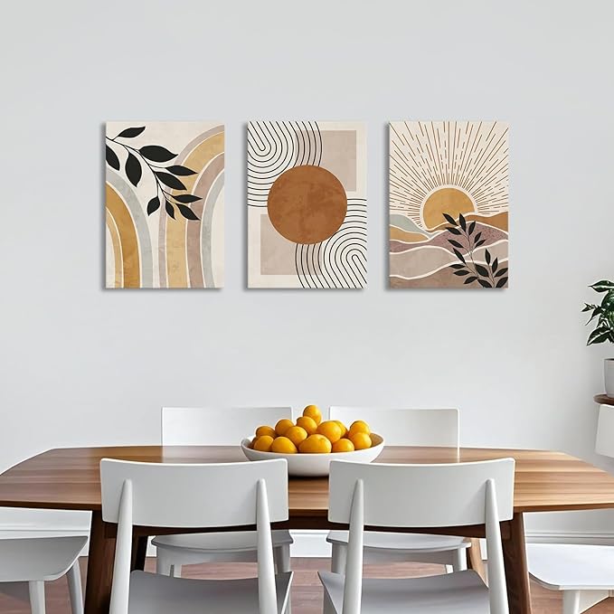 WENGTIAO 3Pcs Boho Orange Desert Canvas Wall Art Colorful Geometric Line Leaf Sun Prints Pictures Paintings Abstract Mid Century Nature Plant Artwork for Living Room Bedroom Office Bathroom 16x24x3