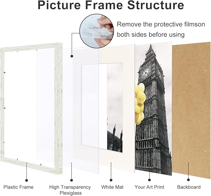11x14 Picture Frames Distressed White, Rustic Farmhouse Photo Frames Multi Photo Frames Collage for Wall or Tabletop Display with Mat 8x10, Set of 6