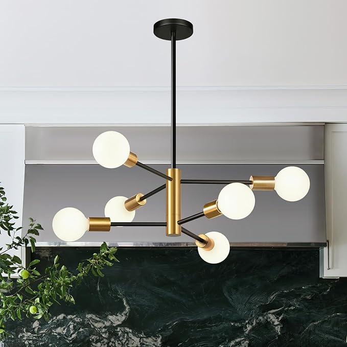 10.9"-52.3" Height Adjustable Chandelier Dining Room Light Fixture, 6-Light Modern Sputnik Chandeliers Brushed Gold and Black Mid Century Chandelier Over Table, Chandeliers for Dining Room Living Room
