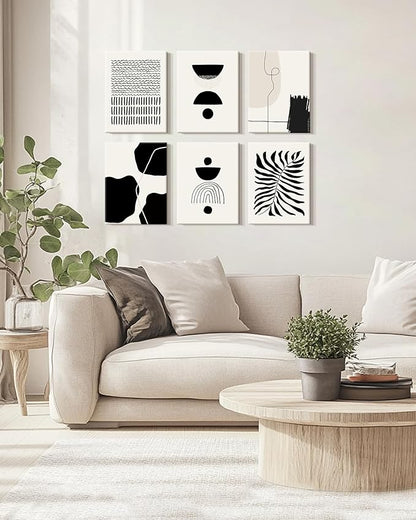 KUVIOKE Black Abstract Framed Wall Art Boho Room Decor Set of 6 Minimalist Geometric Line Art Bohemian Mid Century Modern Prints for Bedroom Living Room 12x16in (Framed)