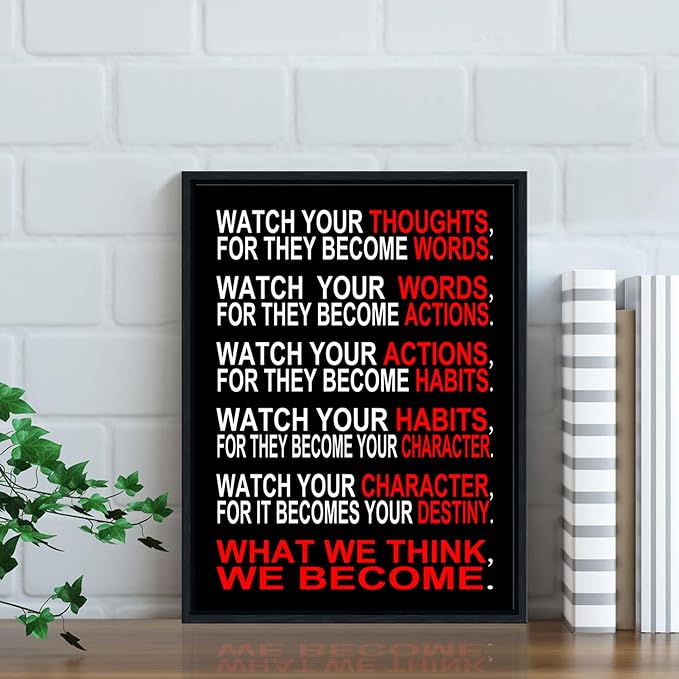 Pyradecor Black Framed Canvas Wall Art Inspirational Poster Office Positive Quotes Watch Your Thoughts Motivational Classroom Artwork for Living Room Home Decorations