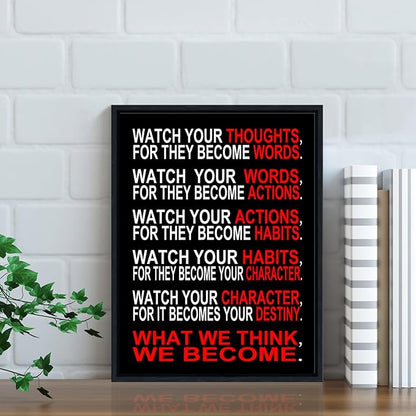Pyradecor Black Framed Canvas Wall Art Inspirational Poster Office Positive Quotes Watch Your Thoughts Motivational Classroom Artwork for Living Room Home Decorations