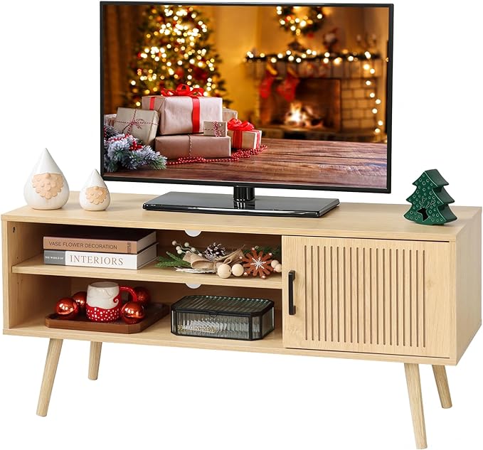 Modern TV Stand for 50 Inch TV, Entertainment Center with Storage Cabinets and Adjustable Shelf, Solid Wood Feet, Cord Holes, Groove Stripe Media TV Console Table for Living Room Bedroom