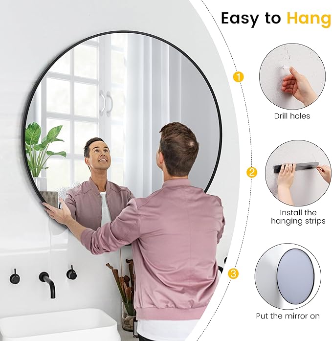 GarveeHome Round Mirror, 20 in Small Aluminum Alloy Circle Frame, High Definition Eco-Friendly Black Round Bathroom Mirror for Over Sink, Wall Mirror for Entryway, Bathroom, Vanity
