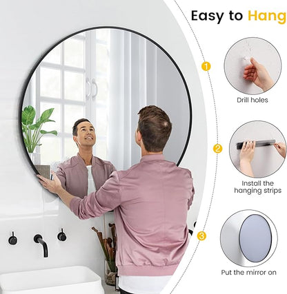 GarveeHome Large Round Mirror, 36 in Aluminum Alloy Circle Frame, High Definition Eco-Friendly Black Round Bathroom Mirror for Over Sink, Wall Mirror for Entryway, Bathroom, Vanity