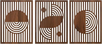 pechpell Set of 3 Mid Century Modern Wall Art, 15.7×11.8 Inch Brown Wooden Abstract Wood Wall Panels, Minimalist Geometric Decor for Living Room Bedroom Rustic Farmhouse Home Decorations