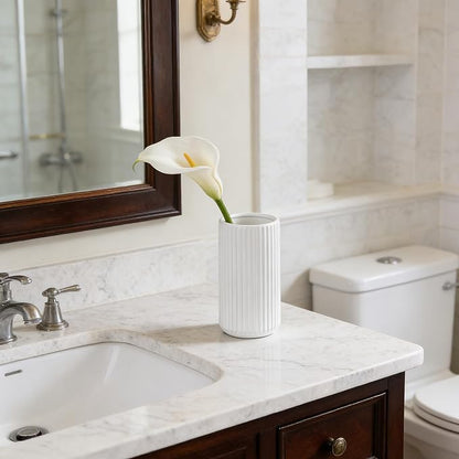 TIMEFOTO White Ceramic Flower Vase for Pampas Grass, 6 inch Small Decorative Centerpiece Ribbed Vase for Dining Table, Office Desktop, Shelf Bookshelf, Mantel, Bathroom, Countertop, Farmhouse, Gift