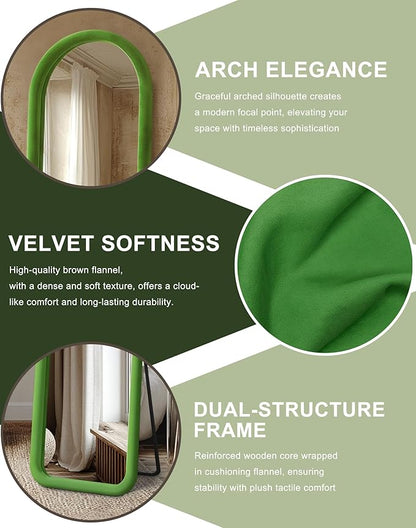 Delma Arched Full Length Mirror, Free Standing Floor Velvet Finish Frame Mirror for Leaning or Hanging, Soft Touch Bedroom & Living Room Decor,Green