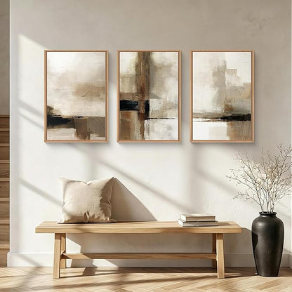 HOURIA Abstract Neutral Vintage Earth Tone Framed Canvas Wall Art Set,Modern Minimalist Rustic Brown Beige Wall Decor,Wabi Sabi Textured Brushstroke Artwork for Living Room,Bedroom,Farmhouse-16"x24"x3
