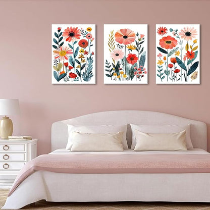 KISSFOX Framed Colorful Wildflower Canvas Wall Art Set Of 3 Flowers Pictures Prints Flowers Printing Floral Watercolors Flower wall Decor Living Room Girls Bedroom Bathroom