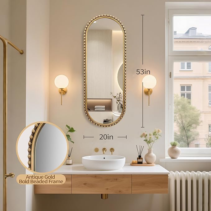 20"x53" Long Oval Full Length Wall Mounted Mirror, Antique Gold Beaded Metal Frame Large Decorative Wall Mirror, Vertical or Horizontal Hanging Tall Entryway Bedroom Living Room