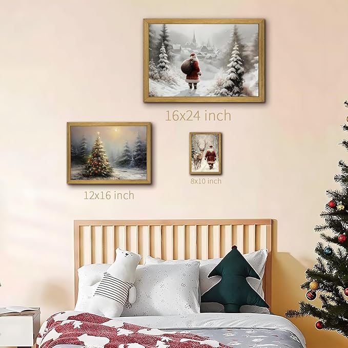 Vintage Christmas Canvas Wall Art, Wood Framed Santa Claus Wall Decor Painting, Rustic Farmhouse Winter Snow Scene Poster Print Picture 12x16 inch, Best Holiday Decor for Living Room Bedroom Home