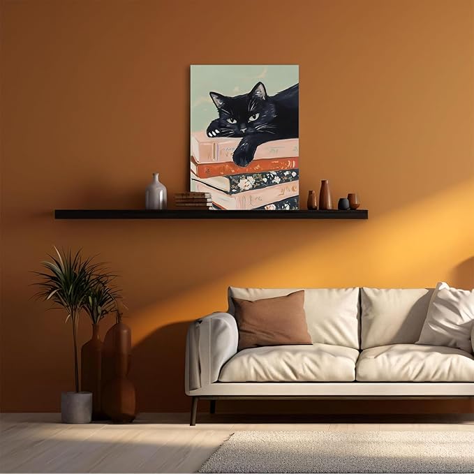Framed Black Cat Canvas Wall Art, Funny Cat lying on a pile of books Painting, Abstract Animal Posters Prints Wall Decor for Living Room Bathroom Gallery Dining Room Decor 12x16 inch