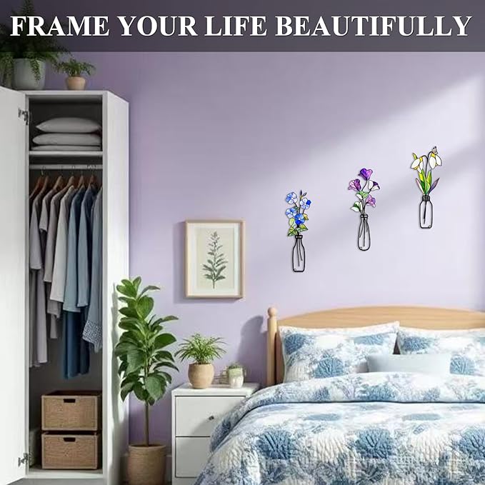 Fanjashn 3 Pcs Metal Flowers Wall Arts, Floral Art Wall Decor, Minimalist Flower Wall Decor for Living Room, Bathroom, Bedroom, Kitchen and Dining Room