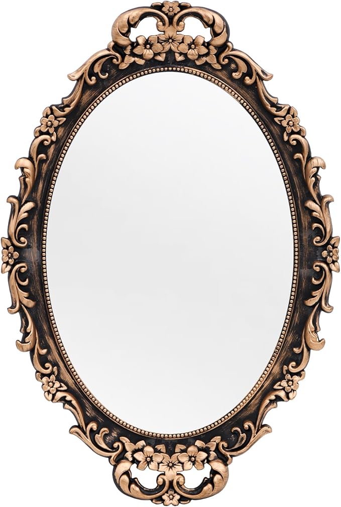 Tstarer Vintage Decorative Gold Framed Mirror, Wall Hanging Mirrors & Tabletop Tray for Bedroom Living Room Dresser Decor, Oval- 9.6" W x 14.3" L (Bronze)