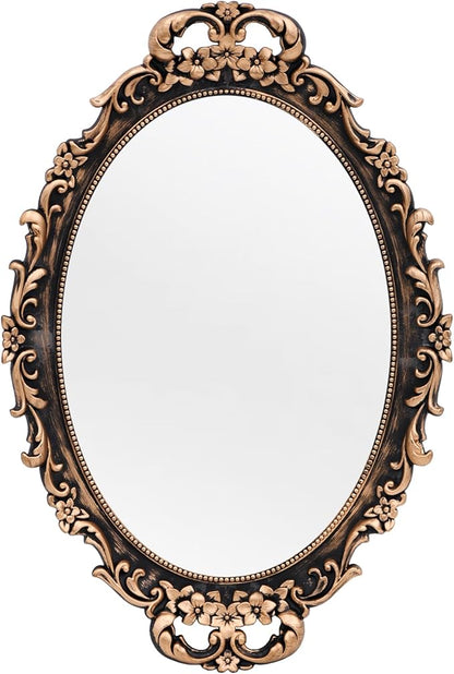 Tstarer Vintage Decorative Gold Framed Mirror, Wall Hanging Mirrors & Tabletop Tray for Bedroom Living Room Dresser Decor, Oval- 9.6" W x 14.3" L (Bronze)