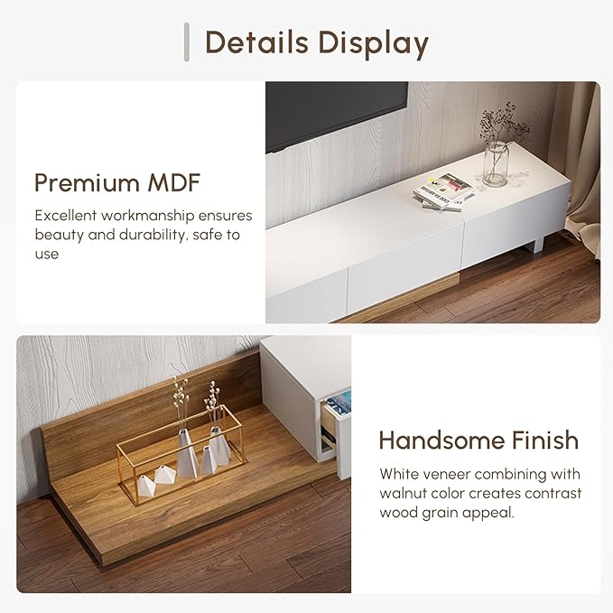 homary Wood Extendable TV Stand Rectangle Entertainment Center with Shelves & Drawers White & Walnut Media Console for Living Room Bedroom