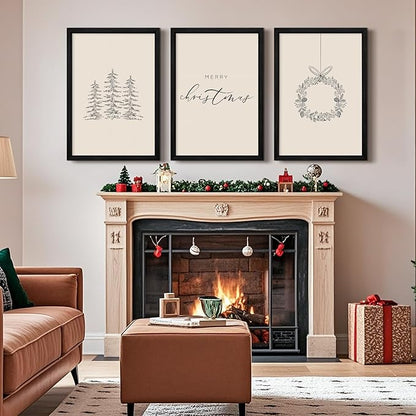 Christmas Wall Art Winter Xmas Canvas Decor Christmas Tree Picture Merry Christmas Wall Art Minimalist Vintage Painting Beige Farmhouse Prints Holiday Poster for Bathroom 12x16x3 Inch Framed