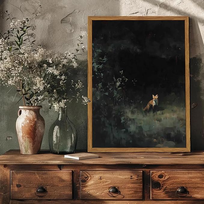 Framed Vintage Wall Art, Cottagecore Fox Wall Decor Paintings, Rustic Forest Animal Landscape Pictures Canvas Prints Country Farmhouse Home Decor for Living Room Bedroom 16x24 inch