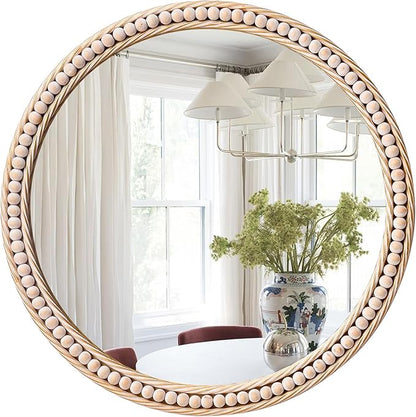 Antique Gold Round Wall Mirror 20", Ornate Beaded Metal Frame Mirror for Bathroom, Vintage Farmhouse Circle Accent Mirror for Bedroom Living Room Entryway or Vanity with Distressed Whitewashed Finish