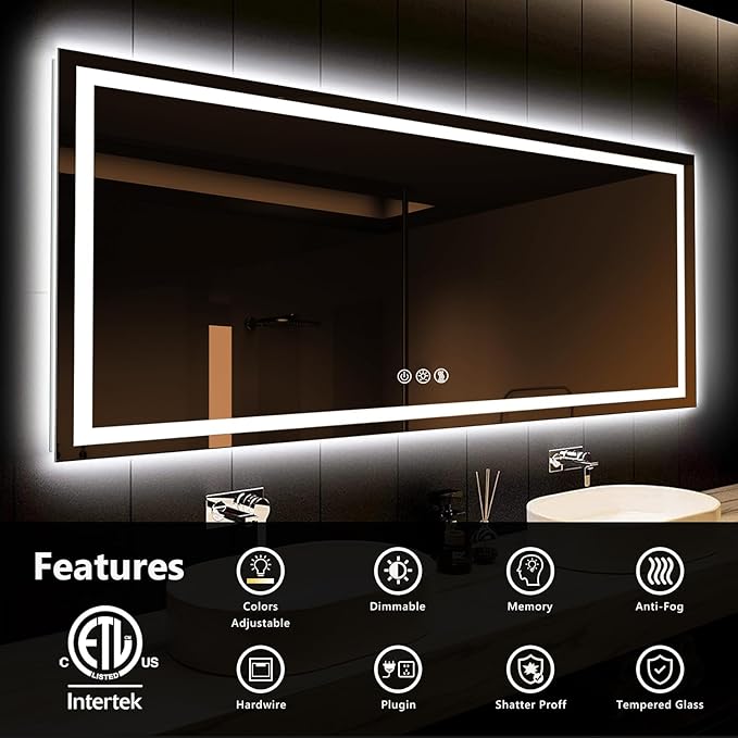 ROOMTEC 55x36 LED Bathroom Mirror with Lights, Vanity Mirror with Front and Backlight, Smart Dimmable Anti-Fog LED Mirror for Bathroom, Memory Function, Tempered Glass (Horizontal)