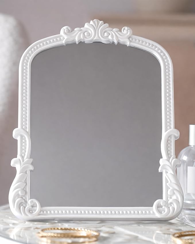 Vintage Vanity Small Mirror with Stand,Gold Decorative Mirrors for Wall,Antique Desk Eclectic Home Dresser Decor Small Mirror,Bathroom, Bedroom, Makeup Desk, Wall Entry,11.6" L x 9.0" W White