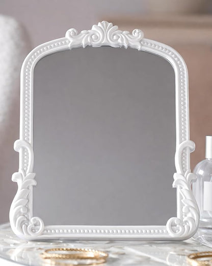 Vintage Vanity Small Mirror with Stand,Gold Decorative Mirrors for Wall,Antique Desk Eclectic Home Dresser Decor Small Mirror,Bathroom, Bedroom, Makeup Desk, Wall Entry,11.6" L x 9.0" W White