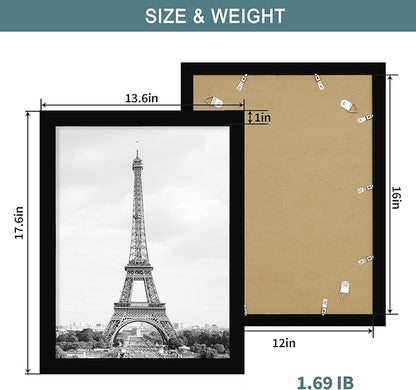 iRahmen 12x16 Picture Frame with Plexiglass - Wooden Poster Frame for Photo Wall Gallery Mounting (Pure Black, Set of 2)